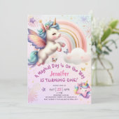 Invitation Unicorn 1er anniversaire fille pourpre rose arc-en (Debout devant)