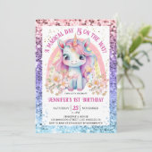 Invitation Unicorn 1er anniversaire fille rose arc-en-ciel Pa (Debout devant)