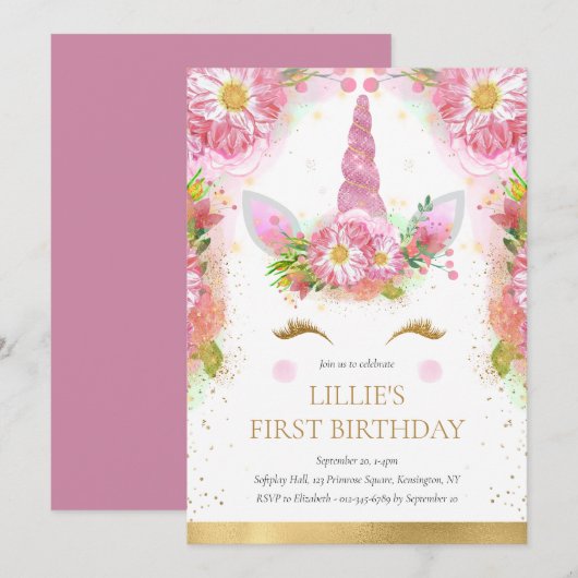 Invitation Unicorn 1er anniversaire Pink Gold Parties scintil (Devant / Derrière)