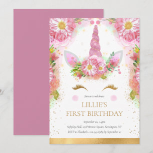 Invitation Unicorn 1er anniversaire Pink Gold Parties scintil
