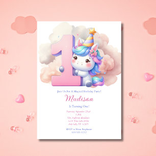 Invitation Unicorn 1ère fille rose bleu pourpre Anniversaire