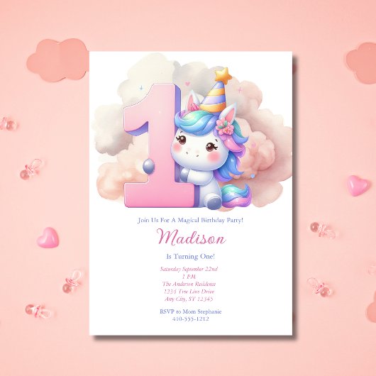Invitation Unicorn 1ère fille rose bleu pourpre Anniversaire