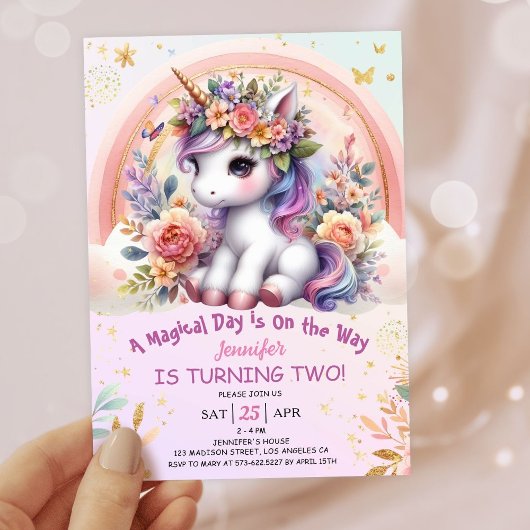 Invitation Unicorn 2e anniversaire fille rose floral arc-en-c