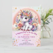 Invitation Unicorn 2e anniversaire fille rose floral arc-en-c (Debout devant)