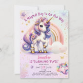 Invitation Unicorn 2e anniversaire fille violet or arc-en-cie (Devant)