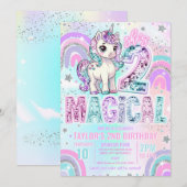 Invitation Unicorn 2nd Birthday Two Magical Rainbow Glitter (Devant / Derrière)