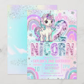 Invitation Unicorn 2nd Birthday Two-nicorn Rainbow Glitter (Devant / Derrière)