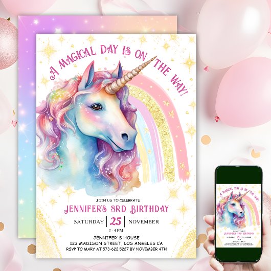 Invitation Unicorn 3e anniversaire Gold Pink Magical Rainbow