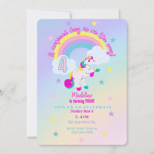 Invitation Unicorn 4 Anniversaire personnalisable