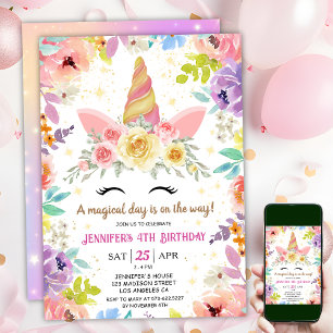 Invitation Unicorn 4e anniversaire coloré Floral arc-en-ciel