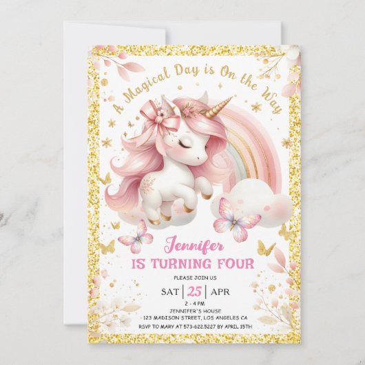 Invitation Unicorn 4e fête d'anniversaire fille Blush rose &  (Devant)