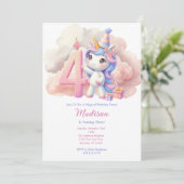 Invitation Unicorn 4ème anniversaire rose bleu pourpre fille (Debout devant)