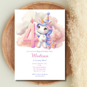 Invitation Unicorn 4ème anniversaire rose bleu pourpre fille