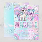 Invitation Unicorn 4th Birthday Four Ever Magical Rainbow  (Devant / Derrière)