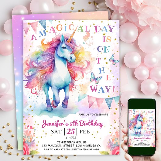 Invitation Unicorn 5e anniversaire Fairy Floral Arc en ciel e