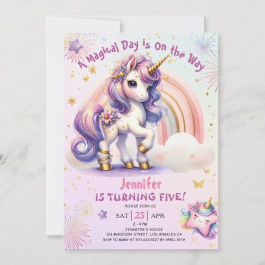 Invitation Unicorn 5e anniversaire fille pourpre arc-en-ciel (Devant)