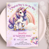 Invitation Unicorn 5e anniversaire fille pourpre arc-en-ciel