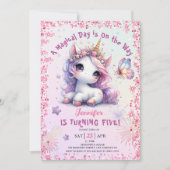 Invitation Unicorn 5e fête d'anniversaire fille rose pourpre (Devant)