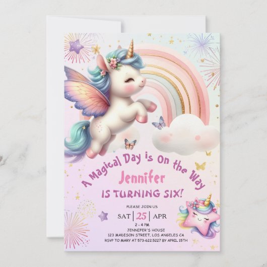 Invitation Unicorn 6e anniversaire fille pourpre rose arc-en- (Devant)