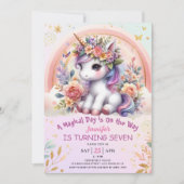 Invitation Unicorn 7e anniversaire fille rose floral arc-en-c (Devant)