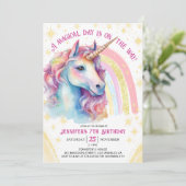 Invitation Unicorn 7e anniversaire Gold Pink Magical Rainbow (Debout devant)