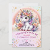 Invitation Unicorn 8e anniversaire fille rose floral arc-en-c (Devant)