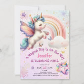 Invitation Unicorn 9e anniversaire fille pourpre rose arc-en- (Devant)