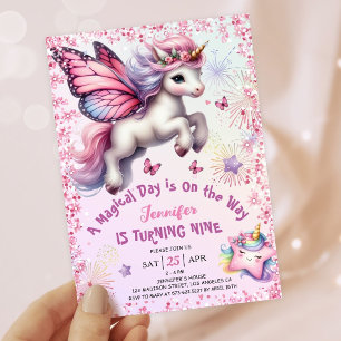 Invitation Unicorn 9e anniversaire fille rose violet Parties 