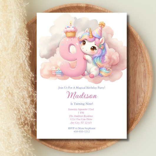Invitation Unicorn 9e Neuvième Anniversaire Rose Bleu Purple 