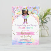 Invitation Unicorn african american girl magical birthday. (Debout devant)