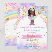 Invitation Unicorn african american girl magical birthday. (Devant / Derrière)