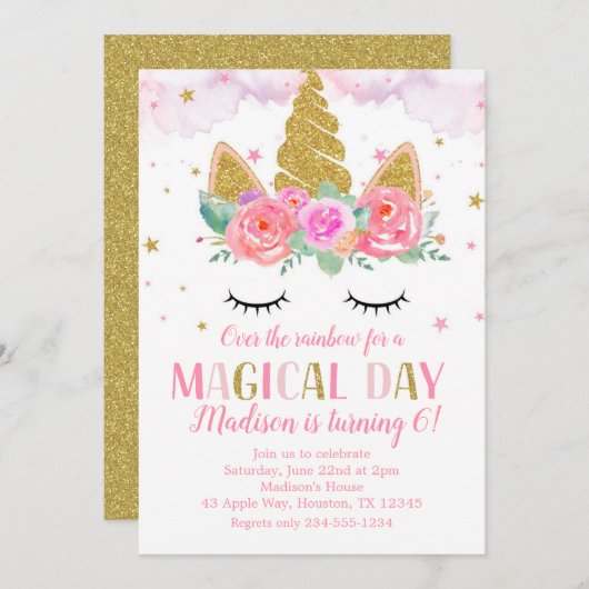 Invitation Unicorn Anniversaire fête Gold Parties scintillant (Devant / Derrière)