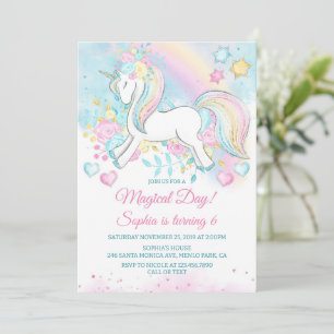 Invitation Unicorn Anniversaire Fête Magique Pastel Fleurs