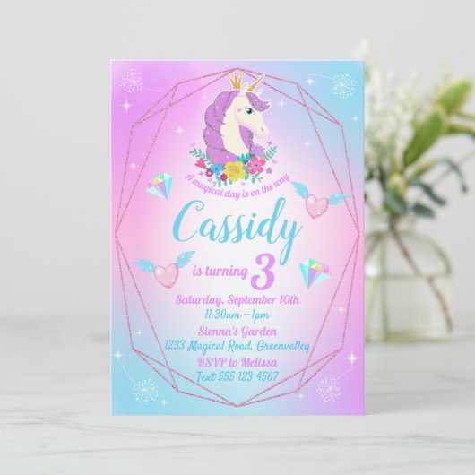 Invitation Unicorn Anniversaire Parties scintillant magique A (Debout devant)
