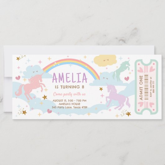 Invitation Unicorn Anniversaire Rainbow Pastel Billet magique (Devant)