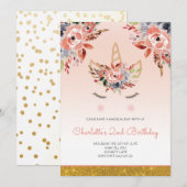 Invitation Unicorn Aquarelle Florales Fille Pêche Parties sci (Devant / Derrière)