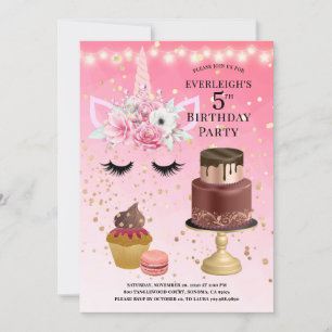 Invitation Unicorn Aquarelle rose or Parties scintillant 5e a