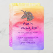 Invitation Unicorn Arc-en-ciel arrose l'invitation d'annivers (Devant / Derrière)