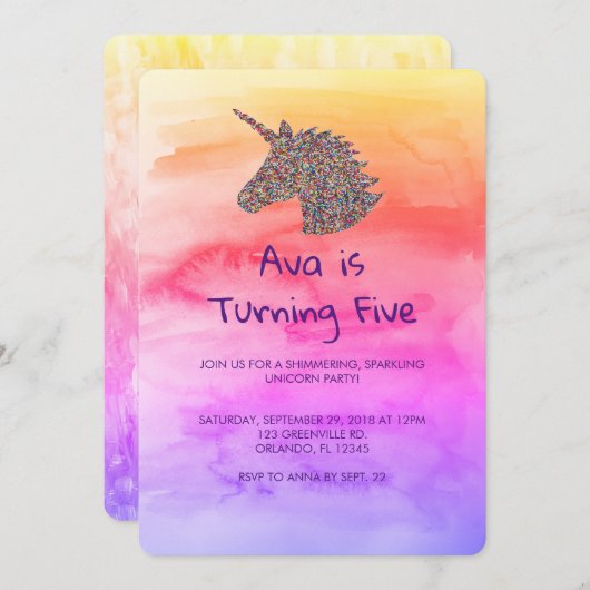 Invitation Unicorn Arc-en-ciel arrose l'invitation d'annivers (Devant / Derrière)