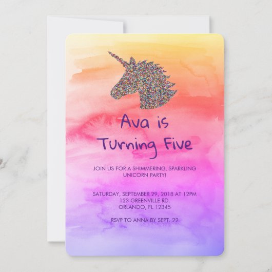 Invitation Unicorn Arc-en-ciel arrose l'invitation d'annivers (Devant)