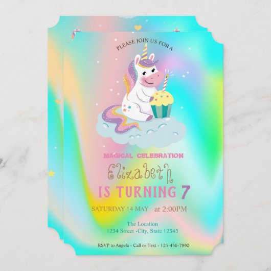 Invitation Unicorn Arc-en-ciel Holographique Anniversaire mag (Devant / Derrière)