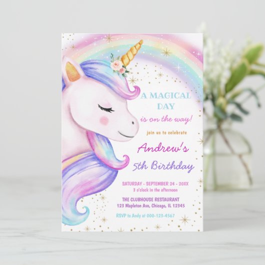 Invitation Unicorn arc-en-ciel magique fête d'anniversaire fi (Debout devant)