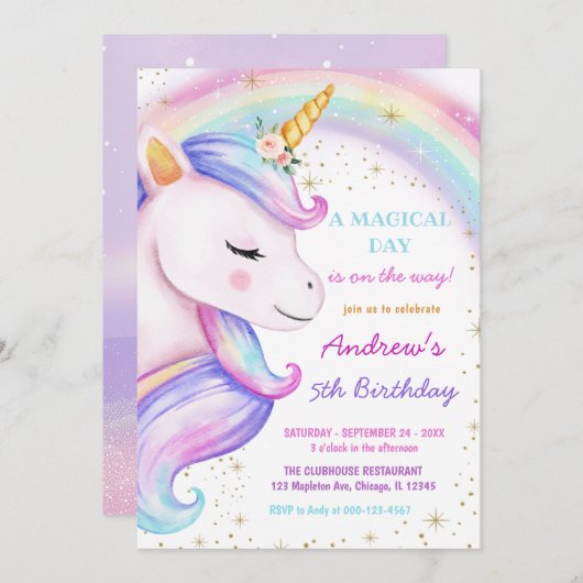 Invitation Unicorn arc-en-ciel magique fête d'anniversaire fi (Devant / Derrière)