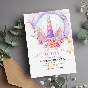 Invitation Unicorn Arc en ciel Magique Monde 1er anniversaire