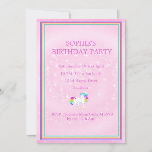 Invitation Unicorn Arc en ciel Magique rose mignon Anniversai (Dos)