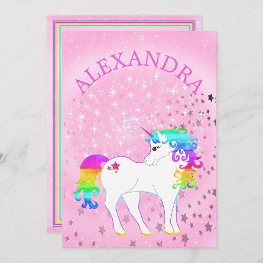 Invitation Unicorn Arc en ciel Magique rose mignon Anniversai (Devant / Derrière)