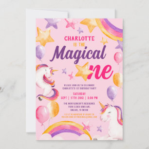 Invitation Unicorn Arc en ciel rose magique un 1er anniversai
