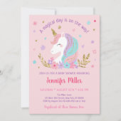 Invitation Unicorn Arc en ciel rose or Baby shower Floral (Devant)