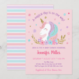 Invitation Unicorn Arc en ciel rose or Baby shower Floral