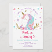 Invitation Unicorn Arc en ciel rose or fleuri Wreath Annivers (Devant)